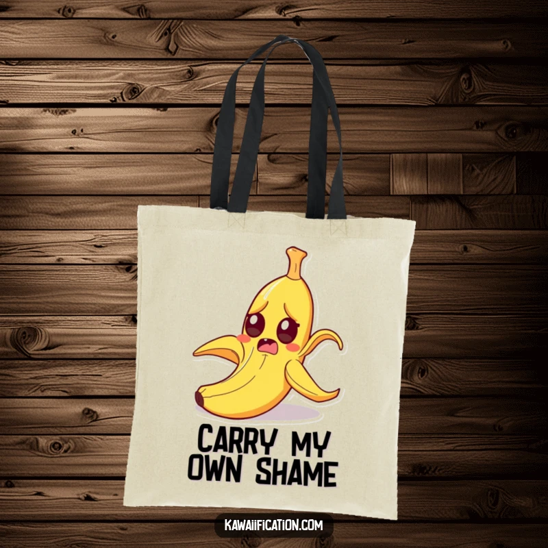 Funny startled banana peel slipping on itself with wide eyes, durable funny tote bag for carrying items, ideal for a funny gift.