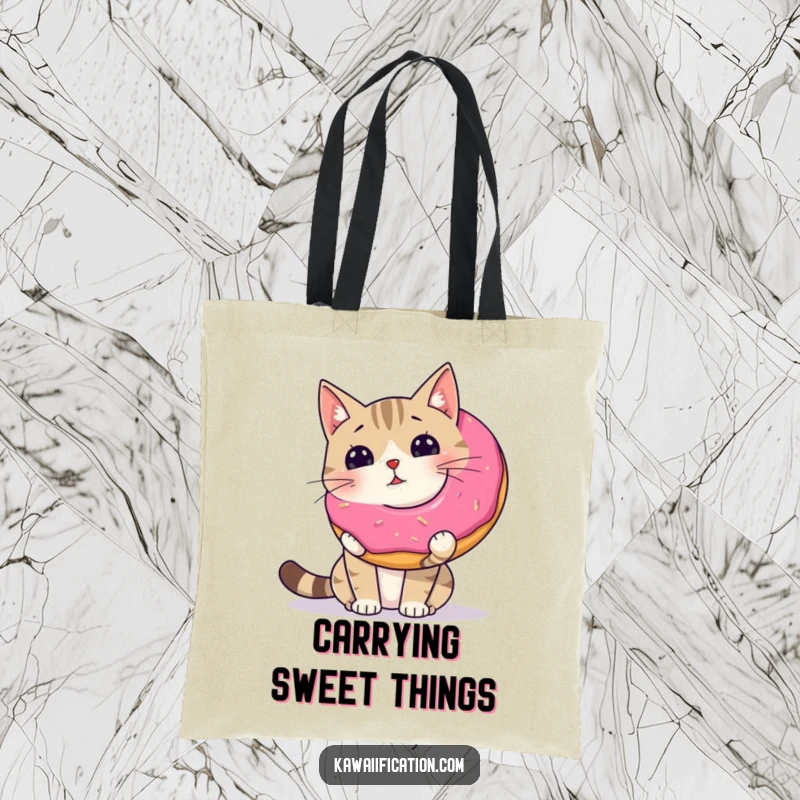 Funny wobbly cat trying to balance a giant donut on its nose, on a stylish and sturdy tote bag.