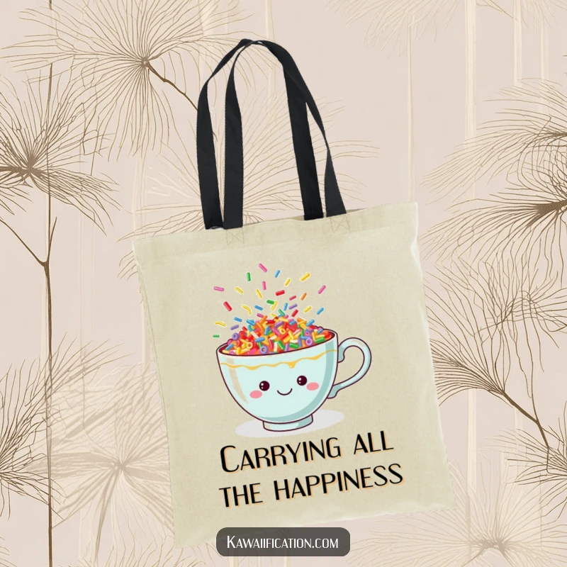 Funny teacup tote bag filled with vibrant, dancing sprinkles, a cheerful and practical accessory for carrying daily items.