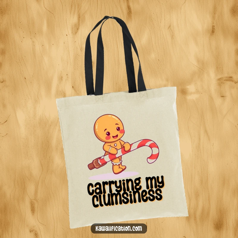 Funny tote bag showcasing a mischievous gingerbread man character comically tripping over a giant candy cane.