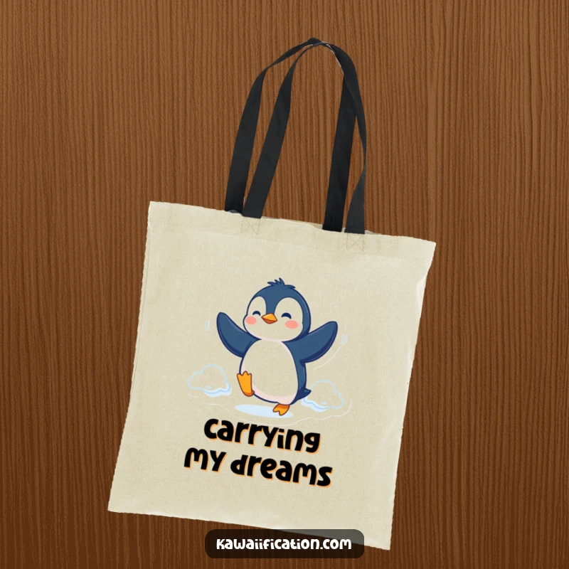 Funny Tote Bag showing a determined penguin trying to fly with its flippers, perfect for stylish and humorous carrying.