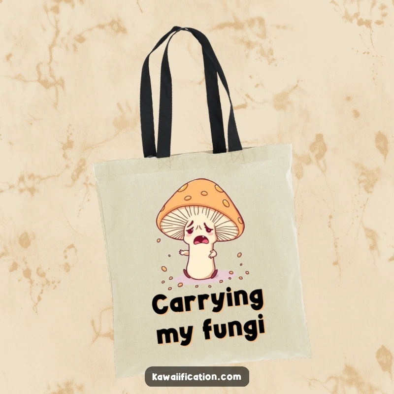 Funny nervous mushroom character tripping over its own cap, scattering spores, on a stylish and sturdy tote bag.