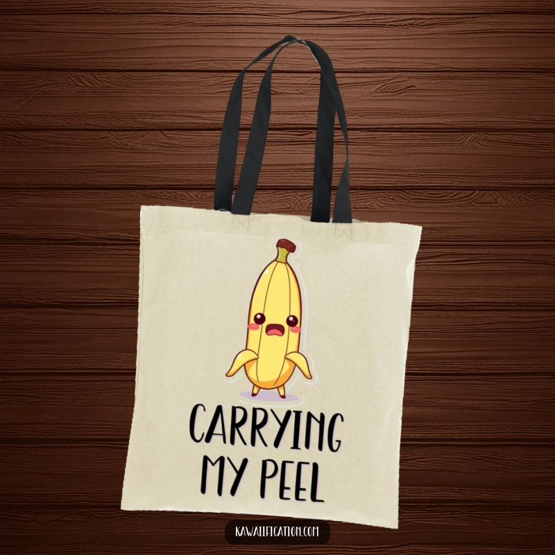 Funny tote bag featuring a startled banana character whose peel is comically slipping off, capturing a hilarious moment.