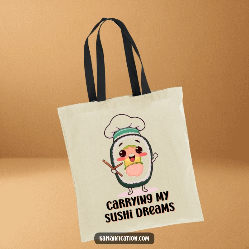 Funny tote bag showing a cheerful sushi roll in a chef hat, comically juggling chopsticks, ideal for grocery runs.