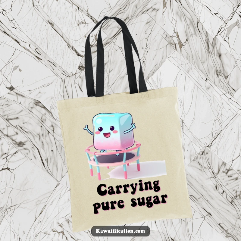 Funny tote bag featuring a happy jelly cube character high-fiving the air while bouncing on a candy trampoline, showcasing sweet excitement.