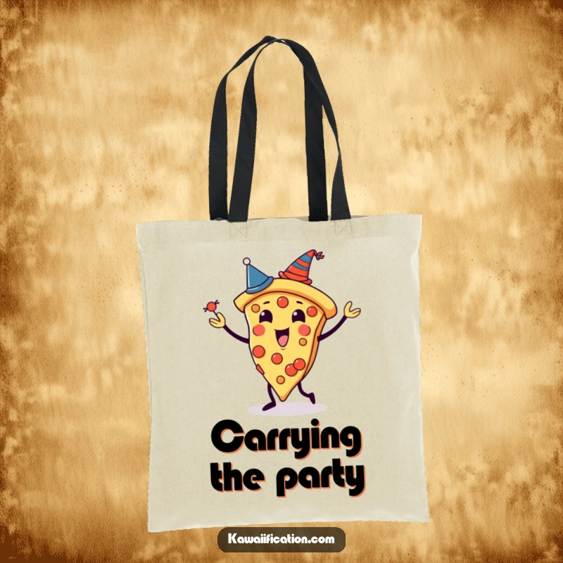 Funny tote bag showing a pizza slice character juggling slices, each with a tiny hat, ideal for carrying party essentials humorously.