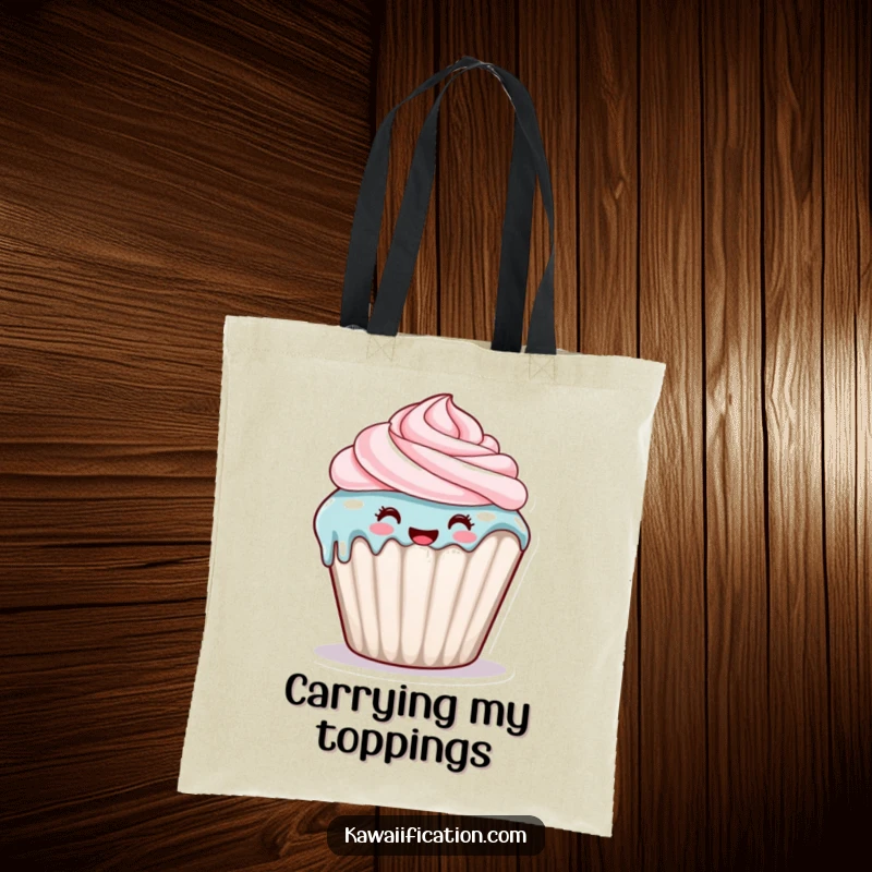 Funny tote bag with a happy cupcake character with frosting dripping down its side, ideal for carrying treats and smiles.
