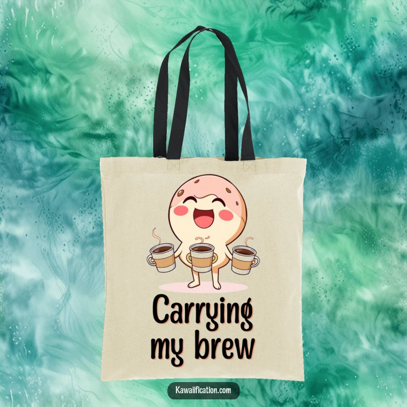 Funny tote bag featuring a laughing donut character humorously juggling coffee cups, ideal for carrying daily items with joy.