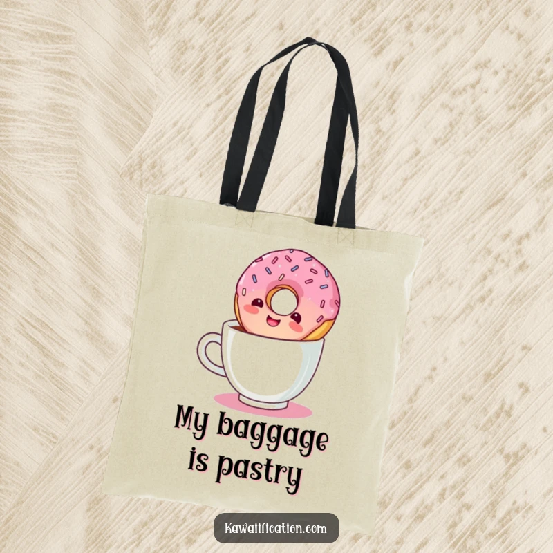 Funny tote bag illustration of a giggling donut with sprinkles floating upside down in a coffee cup.