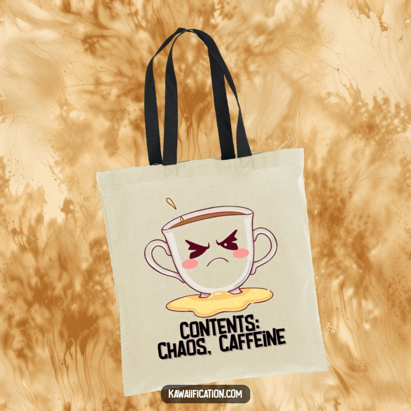Funny tote bag with a grumpy teacup spilling its contents while winking, offering a humorous and practical design.