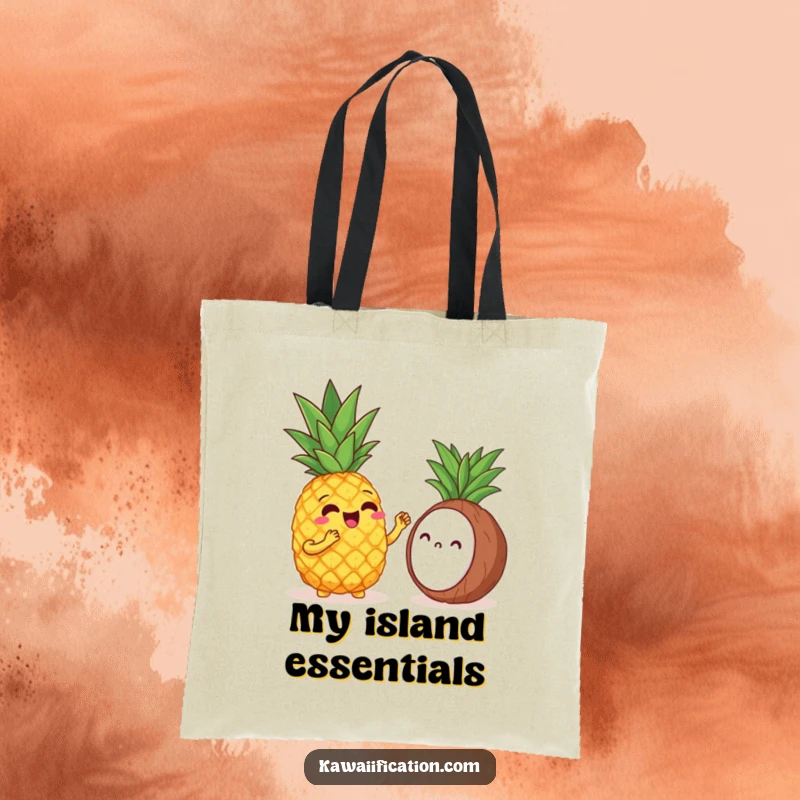 Funny tote bag with a cheerful pineapple singing opera to a shy coconut, a humorous and practical accessory.