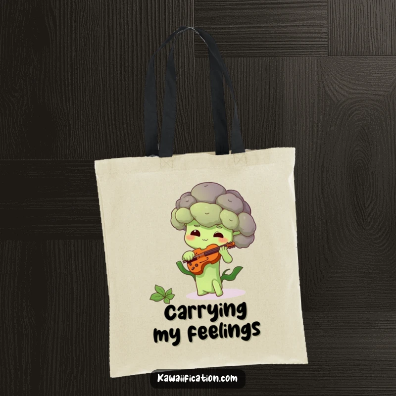 Funny tote bag with a shy broccoli floret playing a tiny violin, a humorous and practical accessory.
