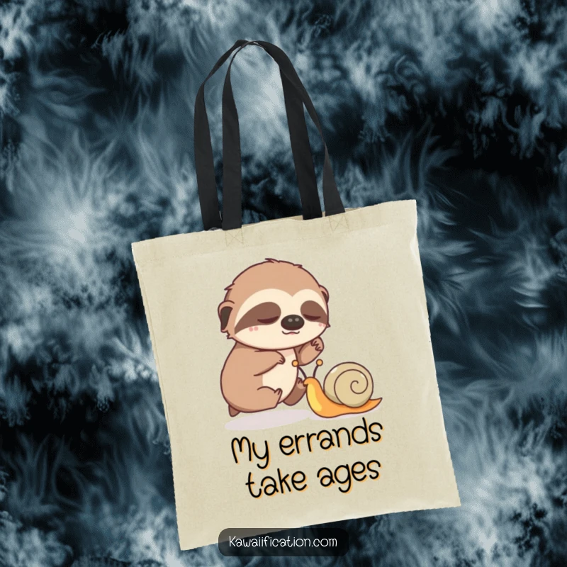 Funny tote bag featuring a sleepy sloth in a humorous race against a quick snail, ideal for shopping.