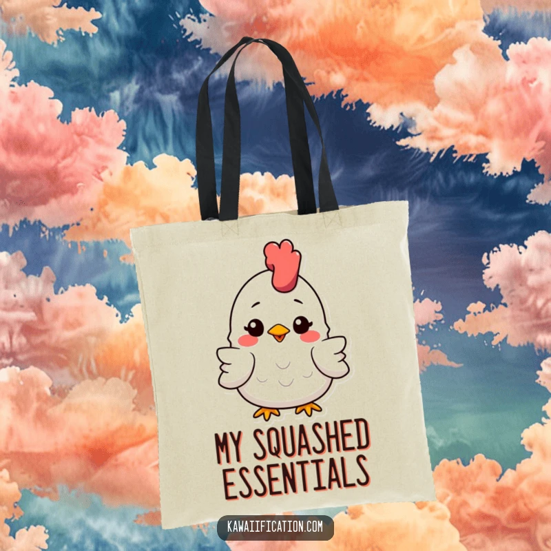 Funny Tote Bag featuring a rubber chicken that is slightly squashed but sports a wide, cheerful smile, perfect for humor enthusiasts.