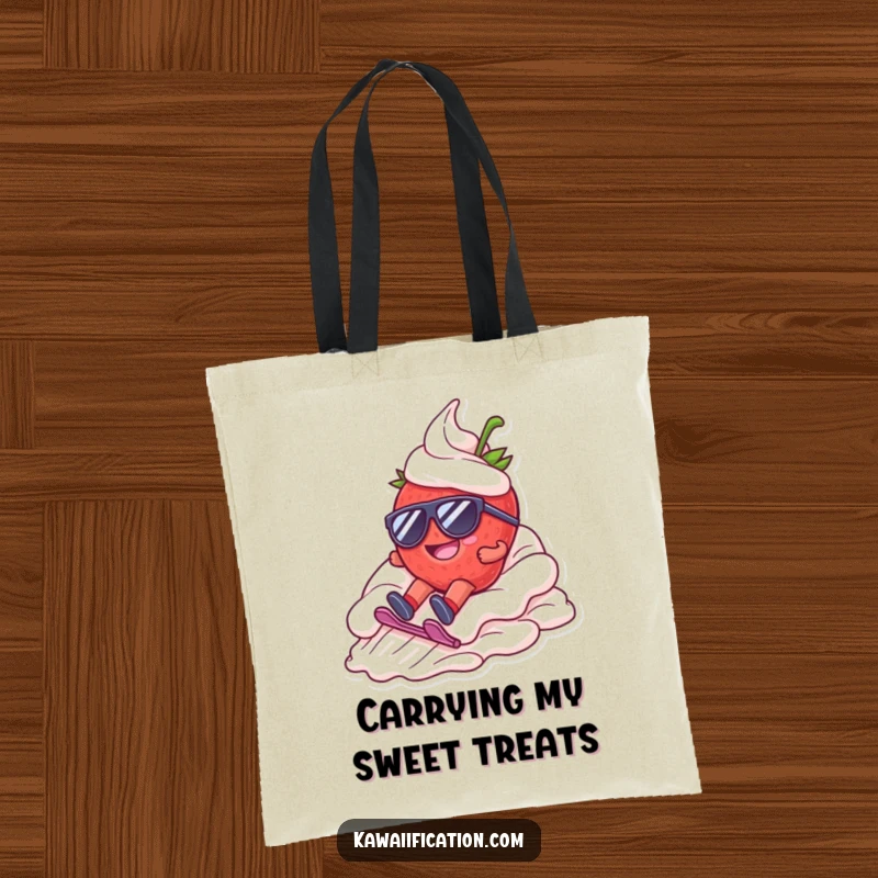 Funny tote bag showing a happy strawberry character with sunglasses, dramatically sliding down whipped cream, ideal for shopping.