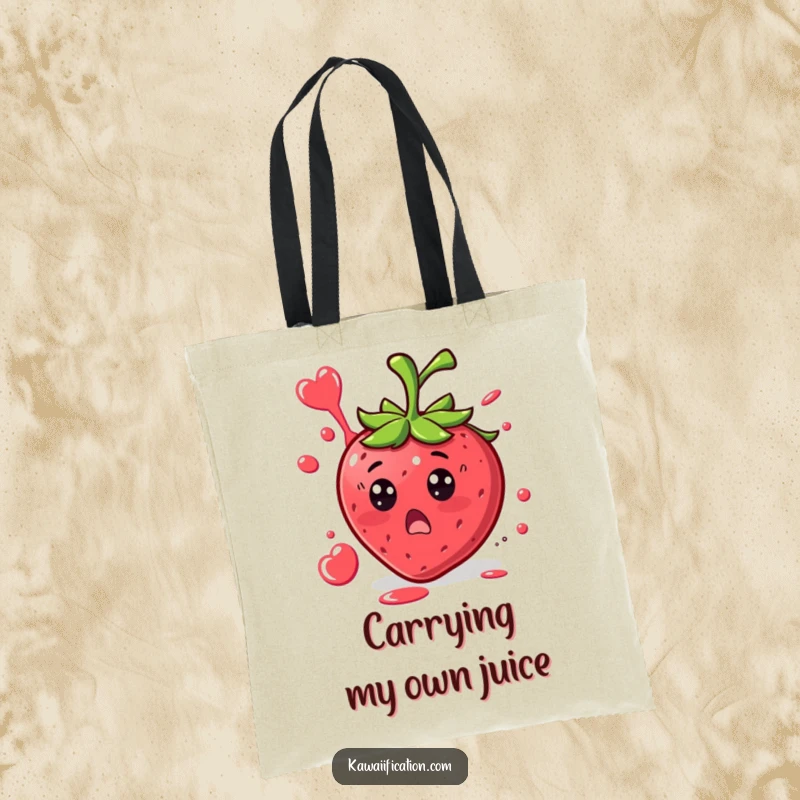 Funny Strawberry Surprise Tote Bag showing a surprised strawberry character with juice splattering in a funny shape, a practical and humorous accessory.