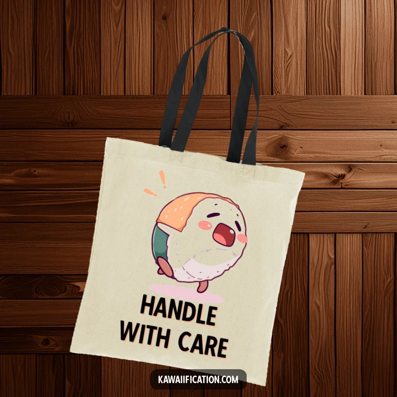 Funny tote bag showing a startled sushi piece character doing a hilarious backflip, ideal for carrying sushi cravings humorously.