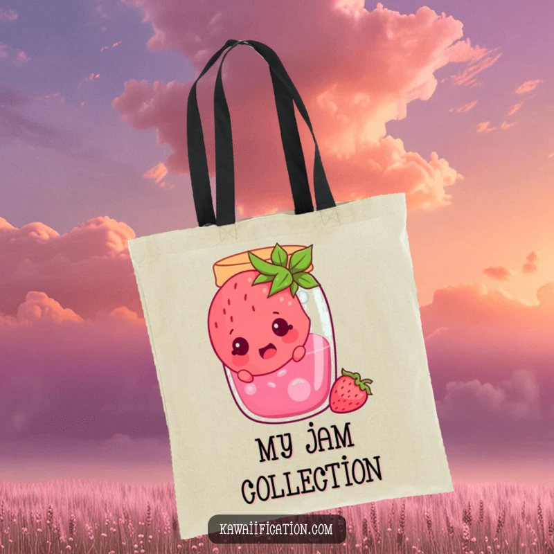 Funny cheerful strawberry stuck in a jam jar, looking surprised, a durable tote bag for carrying items, showcasing funny fruit predicaments, a funny gift.