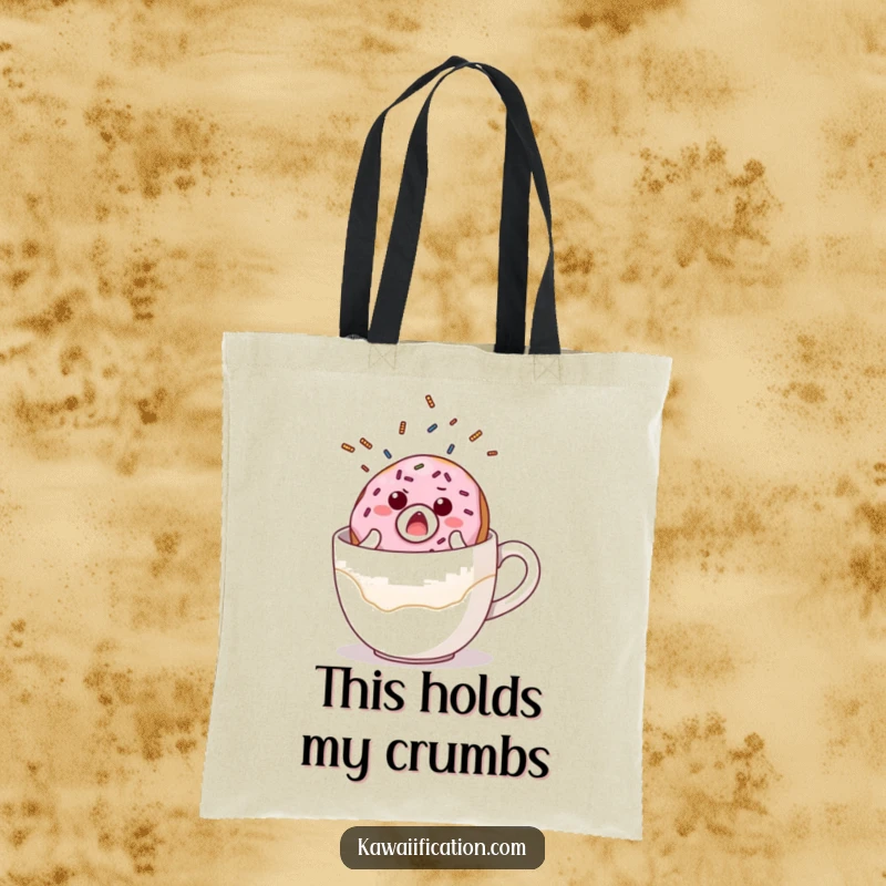 Funny tote bag showing a surprised donut character with sprinkles flying, comically falling off a giant coffee cup, perfect for carrying goodies.